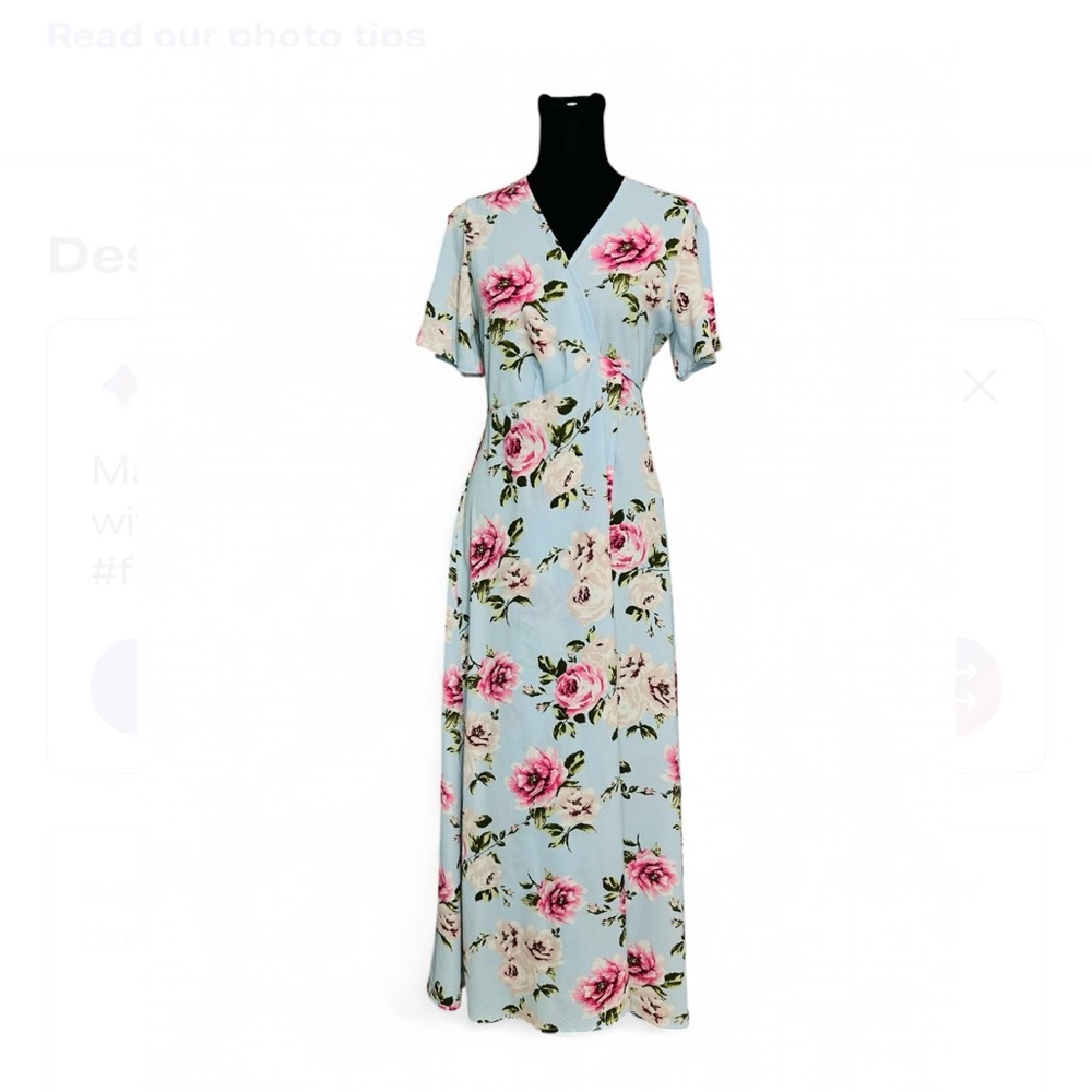 MAGNOLIA SKYE Blue Maxi Open Cross Dress W/Pink Floral Pattern V Neck Tie Waist